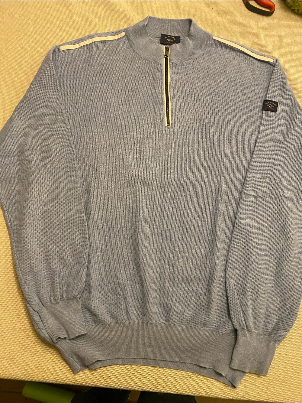 Paul & Shark Light Blue Zip-Front Knit Sweater with Shoulder Stripes